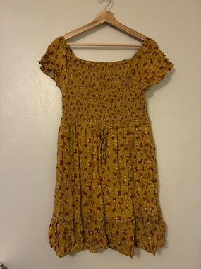 Xhilaration Mustard Floral Smocked Top with Red Accents